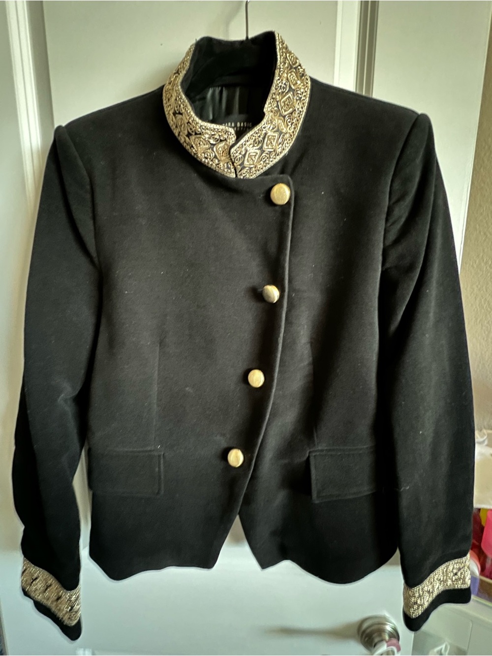 Zara Black Jacket with Gold Embellished Collar & Cuffs